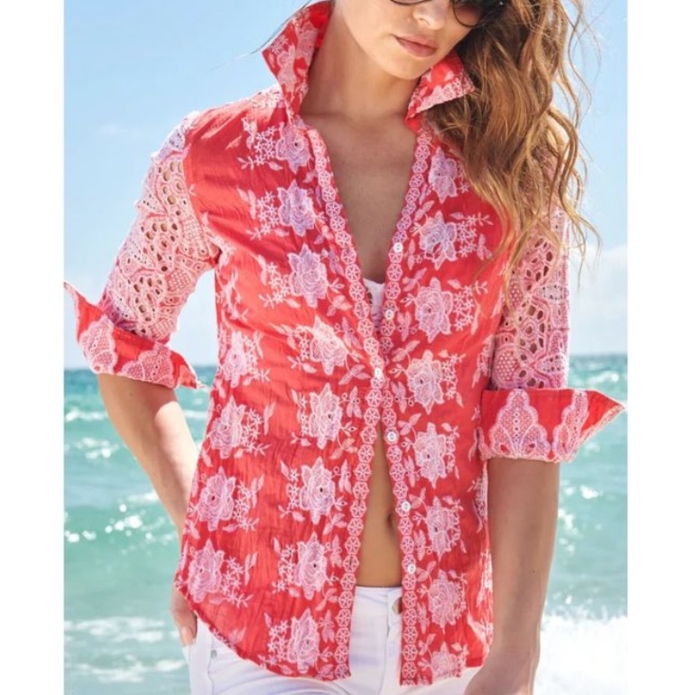 Cino Vintage Maui Embroidered‎ Eyelet Crinkled Button Up Blouse Coral Seas Small